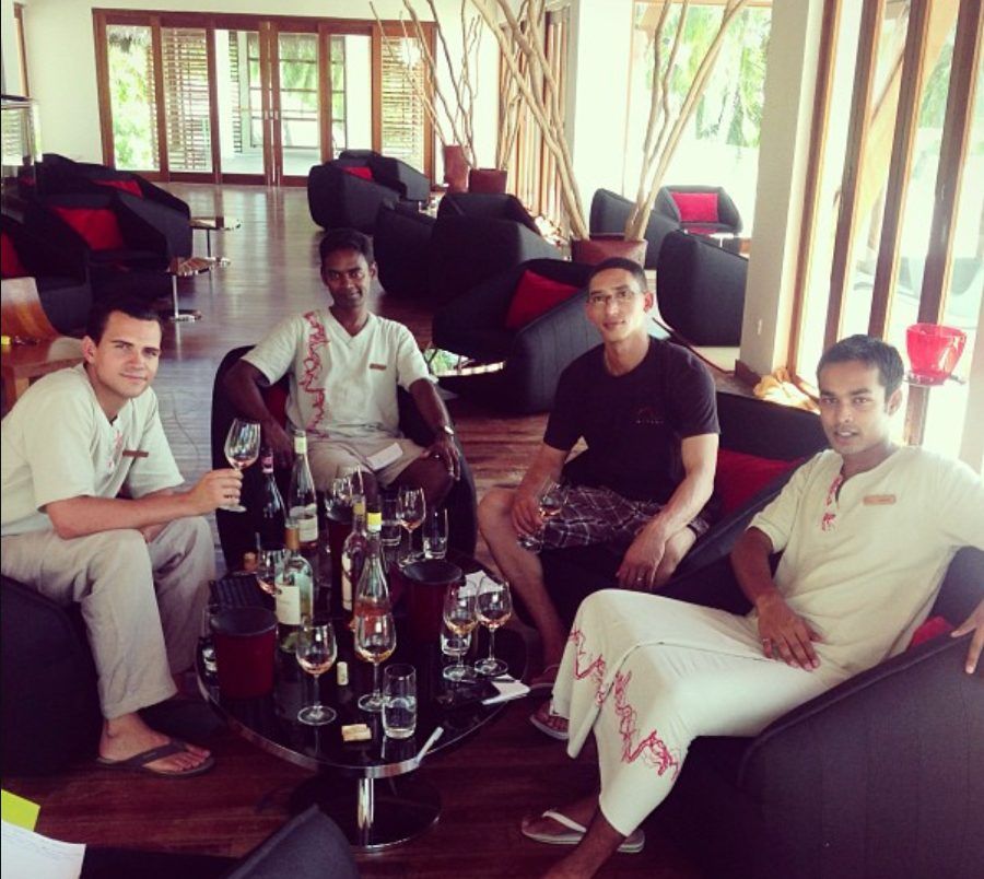 Wine tasting with the team in the Maldives