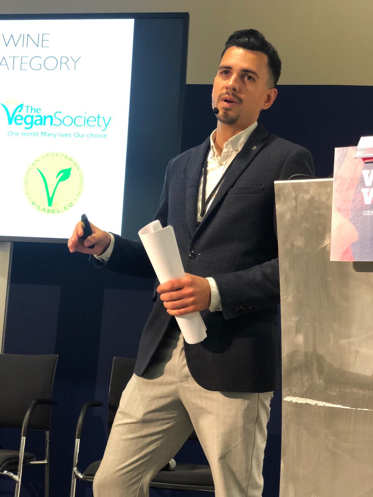 Cruz on stage at the World Bulk Wine Exhibition